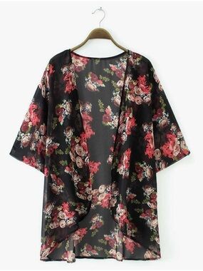 Sheer Black Floral Kimono Cover-Up - Women's